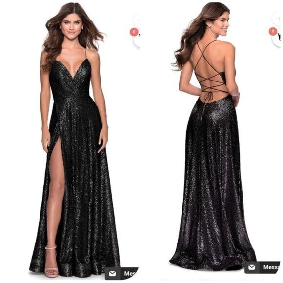 Strappy-Back La Femme Long Sequin V-Neck Prom Dress